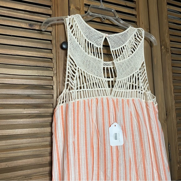 Boutique COTTON tangerine/cream stripe lace appliqué yolk flowy lined dress SZ M - Picture 4 of 8